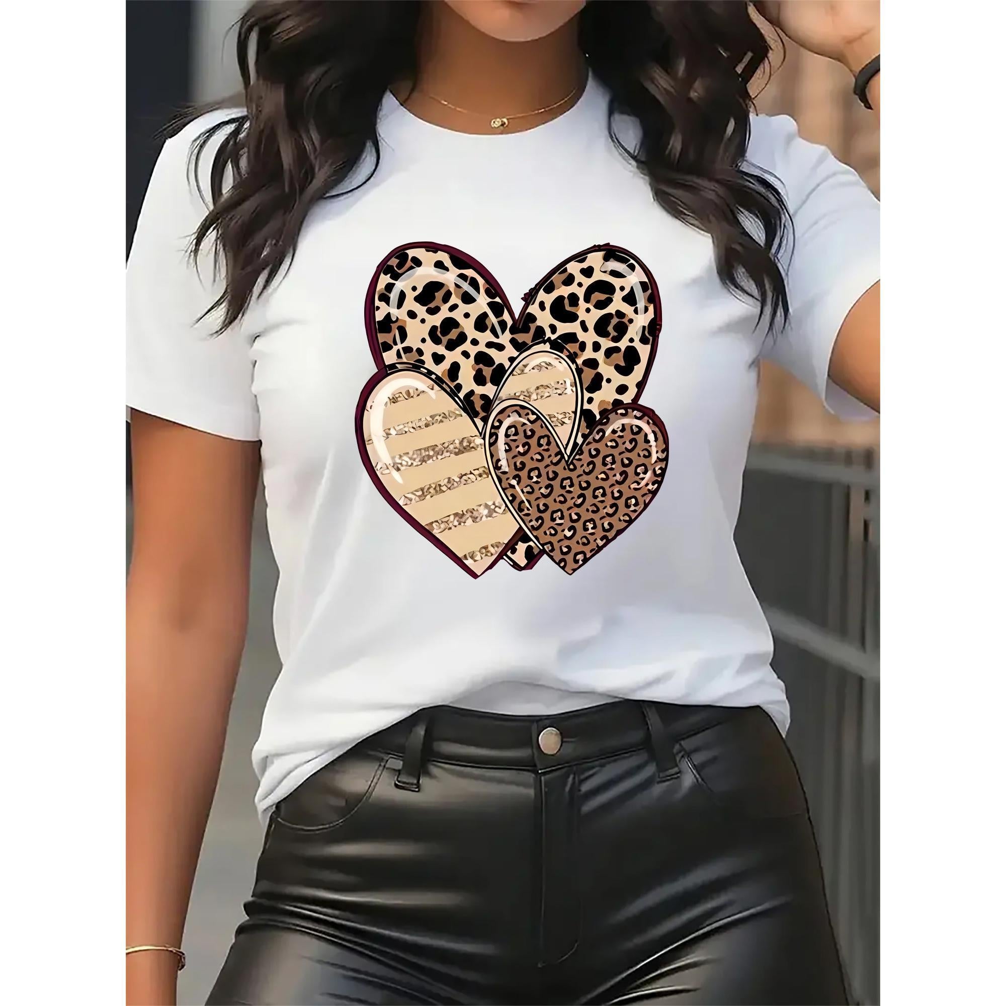 Fashion Women's Short-Sleeve T-Shirt - A Heart Print Featuring Interwoven Leopard and Stripe Patterns, Stylish and Romantic. The Printed Design Is Machine Washable, and This Comfortable Casual Round-neck Top Is Easy to Pair. Made from High-quality