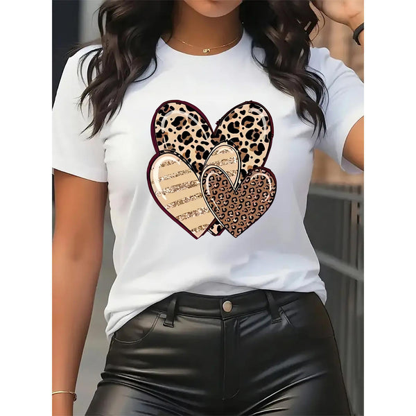 Fashion Women's Short-Sleeve T-Shirt - A Heart Print Featuring Interwoven Leopard and Stripe Patterns, Stylish and Romantic. The Printed Design Is Machine Washable, and This Comfortable Casual Round-neck Top Is Easy to Pair. Made from High-quality