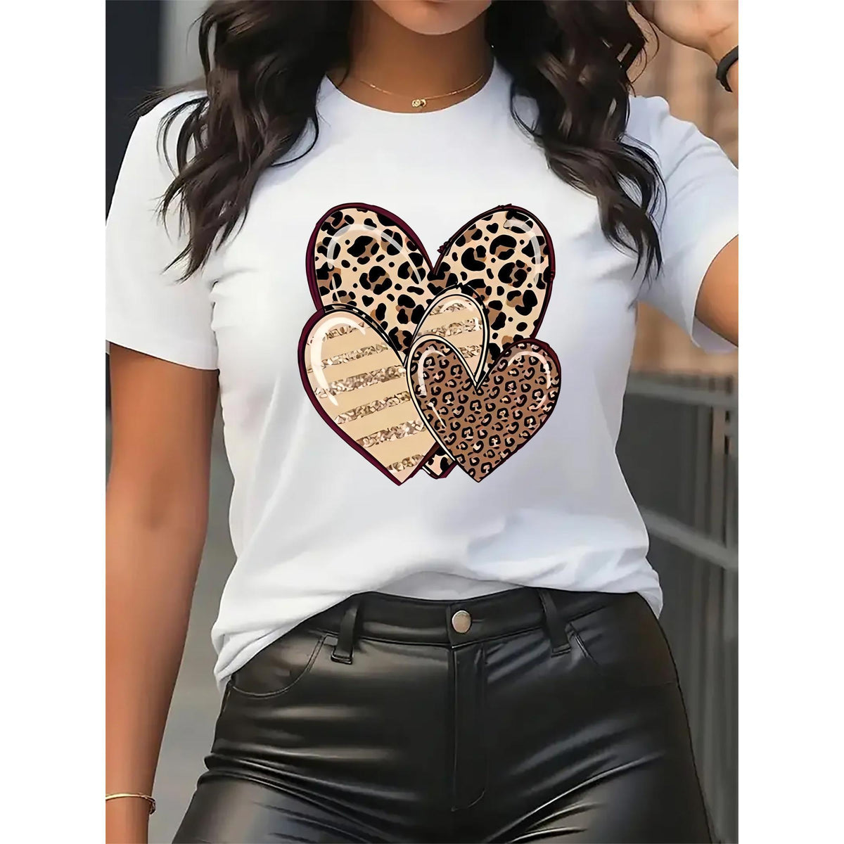 Fashion Women's Short-Sleeve T-Shirt - A Heart Print Featuring Interwoven Leopard and Stripe Patterns, Stylish and Romantic. The Printed Design Is Machine Washable, and This Comfortable Casual Round-neck Top Is Easy to Pair. Made from High-quality