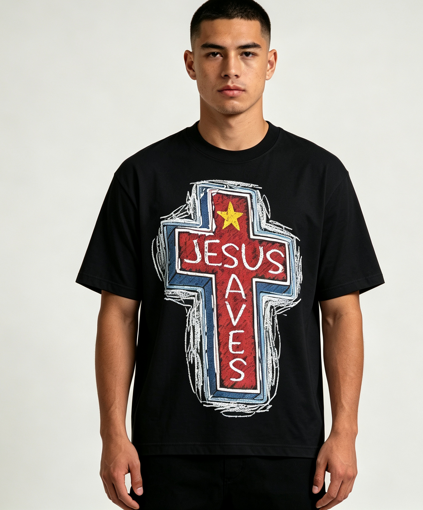 JESUS SAVES TEE Retro Hand‑Sketch Christian Faith Cross Print Crew Neck Short‑Sleeve Tee,Men Tshirt