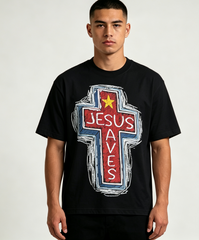 JESUS SAVES TEE Retro Hand‑Sketch Christian Faith Cross Print Crew Neck Short‑Sleeve Tee,Men Tshirt