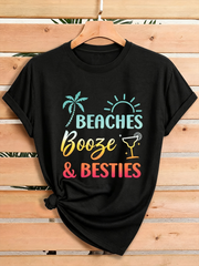Beaches Booze & Besties Gradient Print T-Shirt, Palm Sun Cocktail Summer Vacation Casual Short Sleeve Top For Girls Trip Beach Party Wear