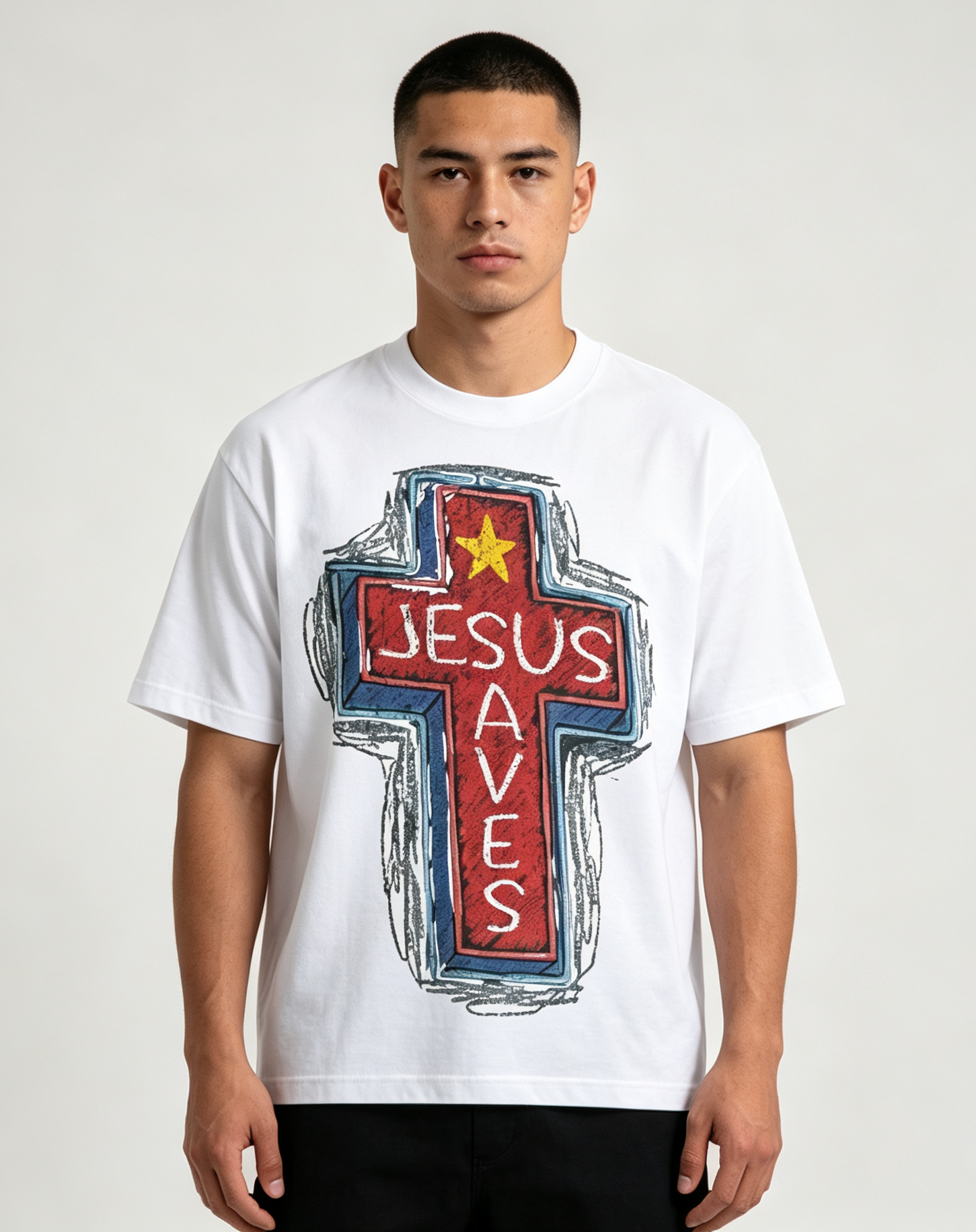 JESUS SAVES TEE Retro Hand‑Sketch Christian Faith Cross Print Crew Neck Short‑Sleeve Tee,Men Tshirt