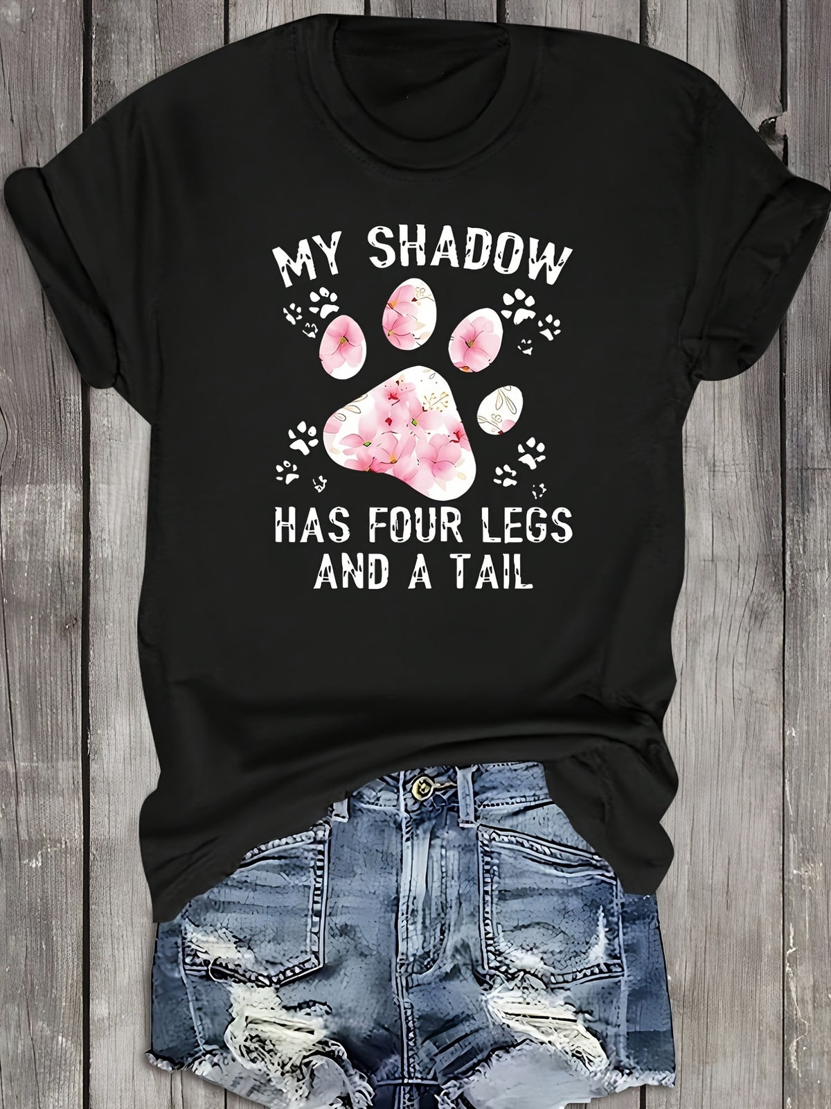 Funny My Shadow Has Four Legs and A Tail Pet Lover Graphic Tee, Women's Summer Casual Short Sleeve T-Shirt, Cute Dog Cat Paw Print Round Neck Top for Daily Wear