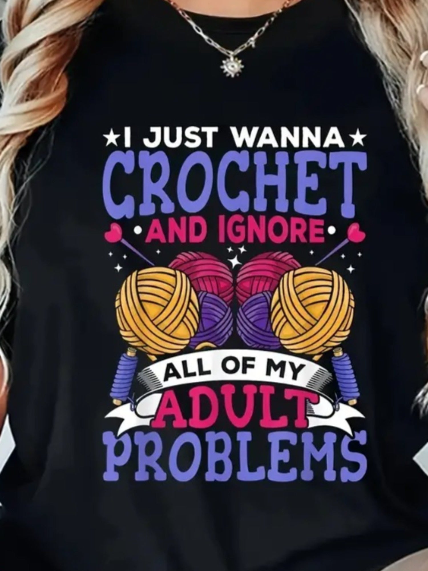 I Just Wanna Crochet And Ignore All Of My Adult Problems Funny Crocheter Graphic Tee for Men Women, Cute Yarn Hook Short Sleeve T-Shirt, Casual Crew Neck Top for Crochet Lover Gift