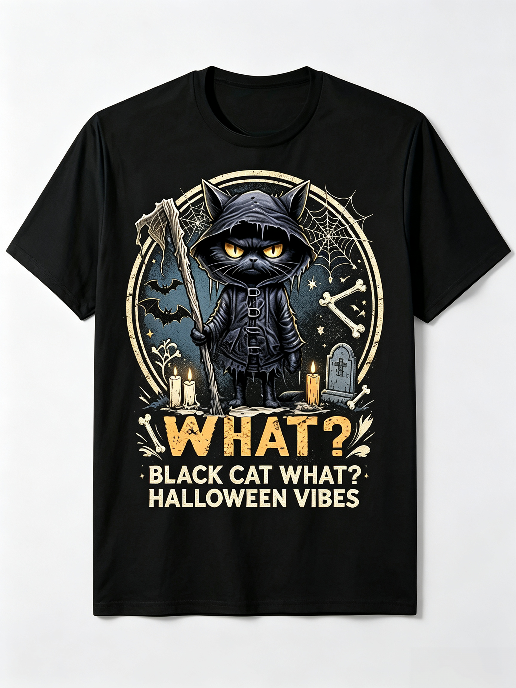 Halloween Vibes T-Shirt What Black Cat Grim Reaper Tee