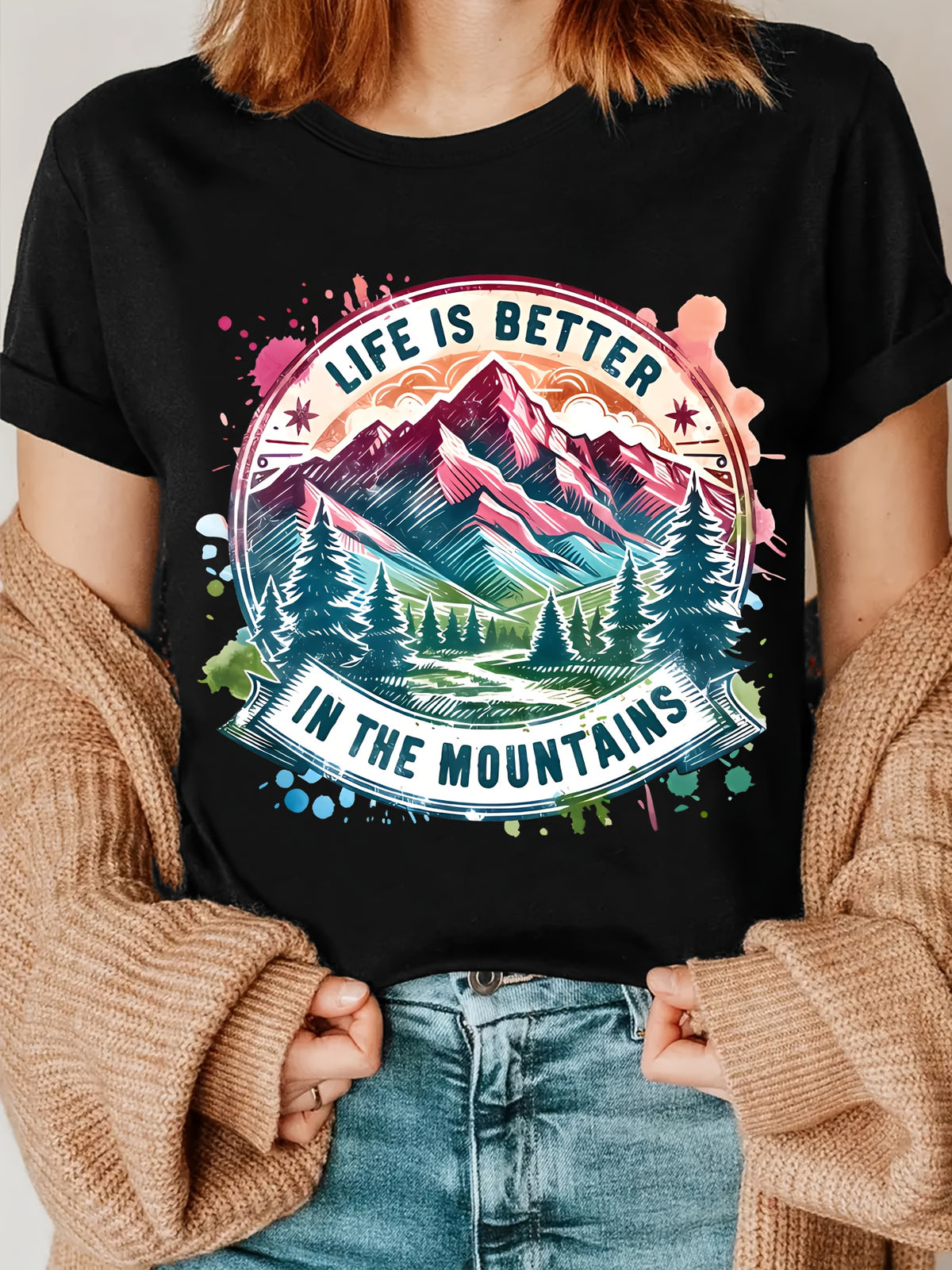 Women's Casual Short Sleeve T-Shirt - "Life Is Better In The Mountains" Graphic Print, Vibrant Geometric Mountain Landscape Design, Breathable Stretchy Fabric for Hiking, Camping & Outdoor Adventures