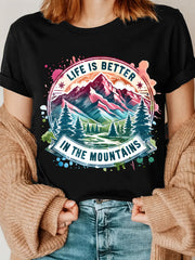 Women's Casual Short Sleeve T-Shirt - "Life Is Better In The Mountains" Graphic Print, Vibrant Geometric Mountain Landscape Design, Breathable Stretchy Fabric for Hiking, Camping & Outdoor Adventures