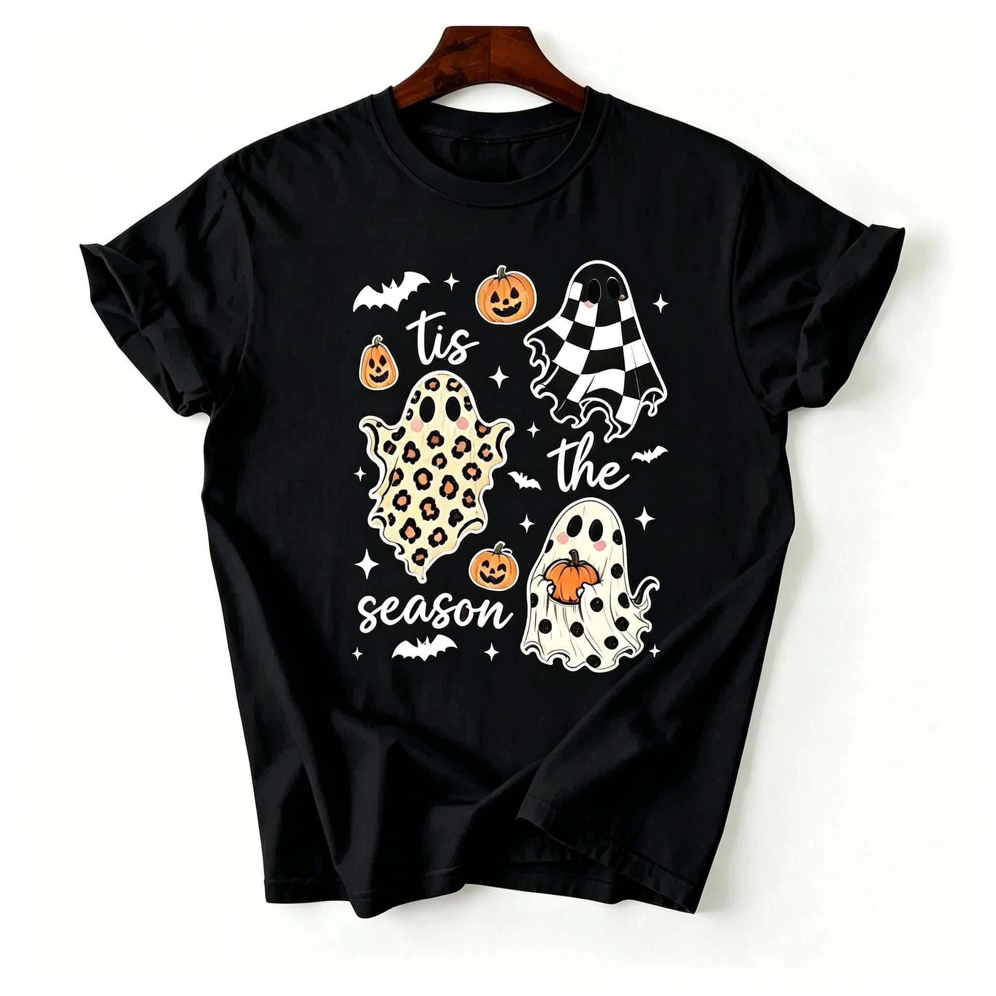 Tis The Season Ghost Shirt, Cute Halloween Ghost Graphic Tee, Checkered Spooky Season T-Shirt, Fall Halloween Gift