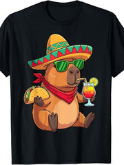 Capybara With Sombrero Taco Mexican Fiesta Graphic T-Shirt, Unisex Cotton Crew Neck Short Sleeve Tee, Vintage Funny Animal Casual Novelty Shirt, Gift For Capybara Lovers