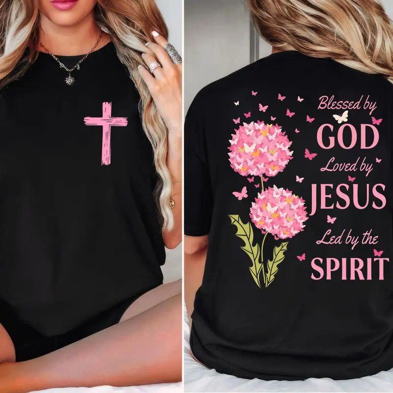 Blessed By God Loved By Jesus Led By The Spirit Christian Faith Graphic Tee for Men Women, Inspirational Bible Verse Short Sleeve T-Shirt, Casual Crew Neck Top for Church Gift