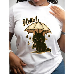 Black Cartoon Cat Printed T-shirt with Umbrella | Women'S Casual Short Sleeved, Fashionable Style, Crew Neck Top, Regular Fit