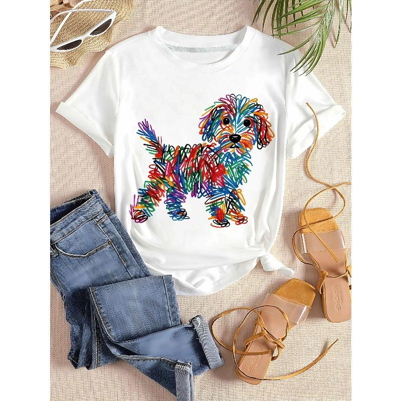 Womens Graphic Tee Rainbow Line Puppy Print Casual Design T Shirt Streetwear Style Crewneck Short Sleeve Soft Cotton Breathable Comfortable Fit Loose Fit Daily Wear Pet Lover Cute Trendy Aesthetic Fashion Top