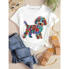 Womens Graphic Tee Rainbow Line Puppy Print Casual Design T Shirt Streetwear Style Crewneck Short Sleeve Soft Cotton Breathable Comfortable Fit Loose Fit Daily Wear Pet Lover Cute Trendy Aesthetic Fashion Top