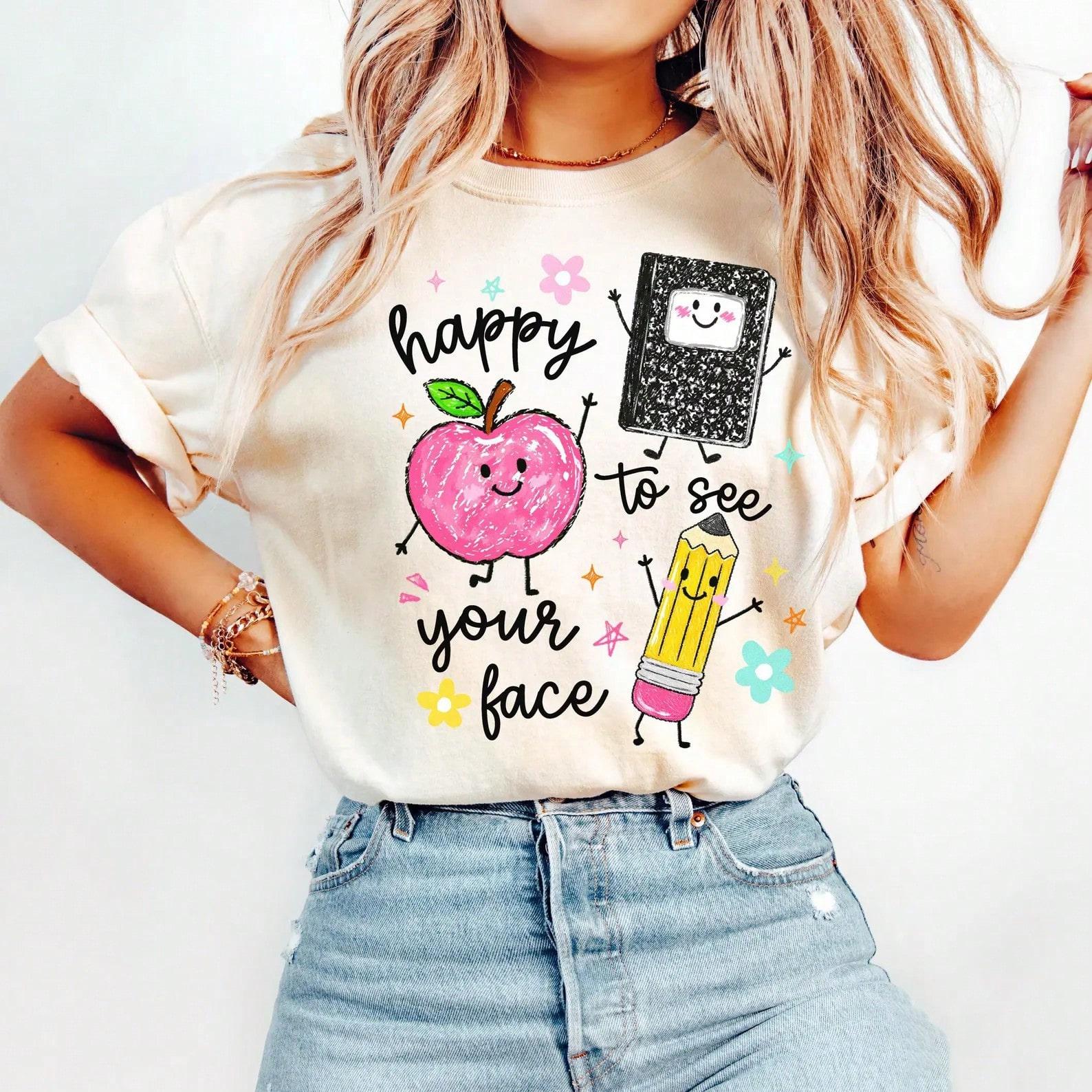 Happy To See Your Face Teacher T Shirt Women Cute Apple Pencil Graphic Tee Vintage Back To School Summer Top