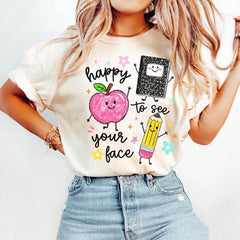 Happy To See Your Face Teacher T Shirt Women Cute Apple Pencil Graphic Tee Vintage Back To School Summer Top