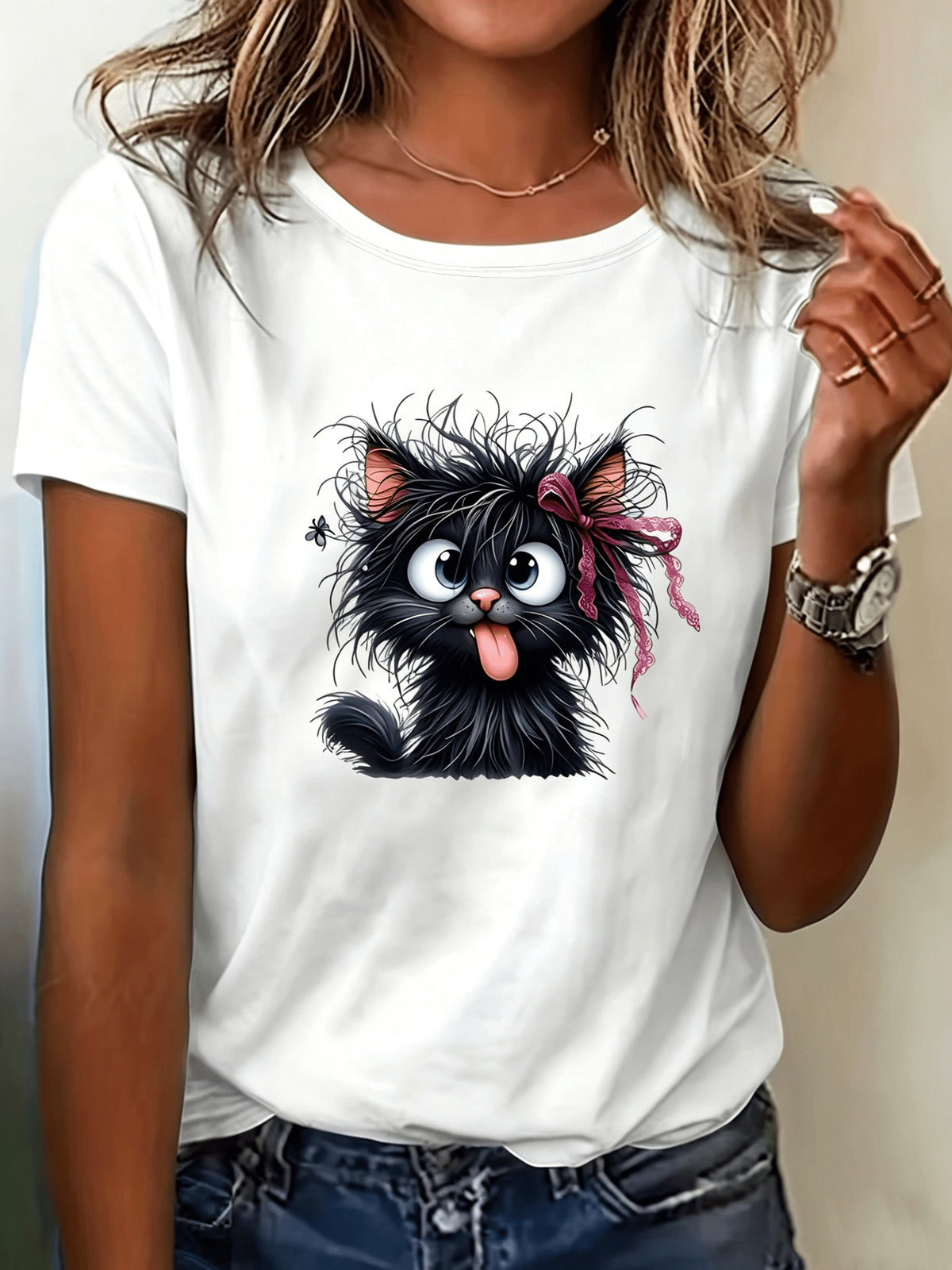 [Cat Print T-Shirt] Women's Funny Cat Pattern Print T-Shirt - New Summer Casual Regular Crew Neck Top