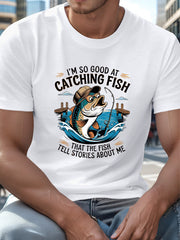 I‘m So Good At Catching Fish That Fish Tell Stories About Me Graphic Tee for Men Women, Funny Old Timer Angler Short Sleeve T-Shirt, Casual Fishing Crew Neck Top for Fisherman Gift