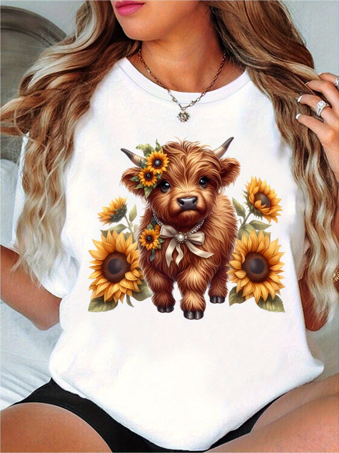 Cute Highland Cow T-Shirt Baby Cow Sunflower Pearl Bow Tee