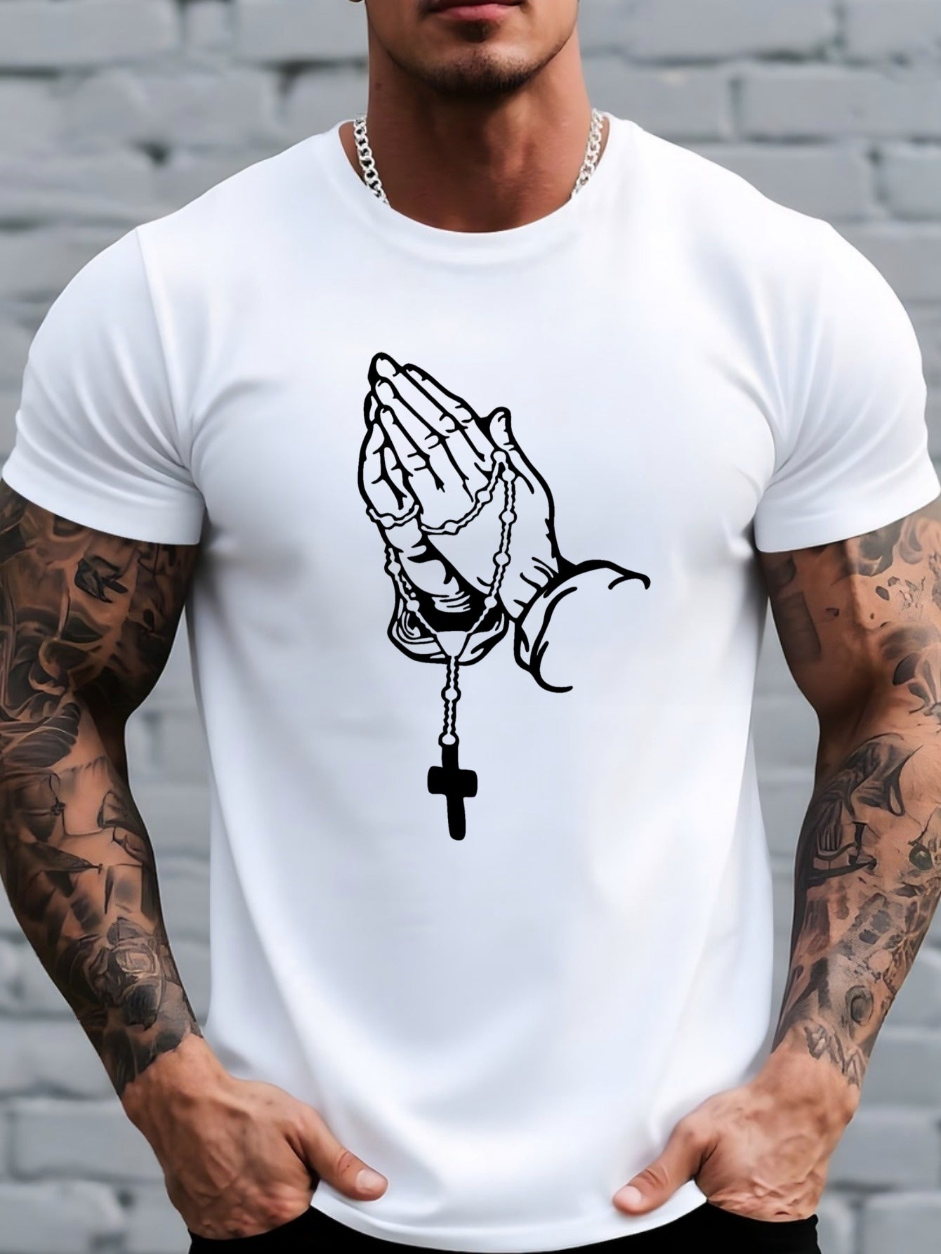 Men'S Short-Sleeve T-Shirt with a Cross Prayer Hand Pattern Print, Perfect for Casual Summer Wear, Comfortable And Breathable, Stylish for Outdoor Activities