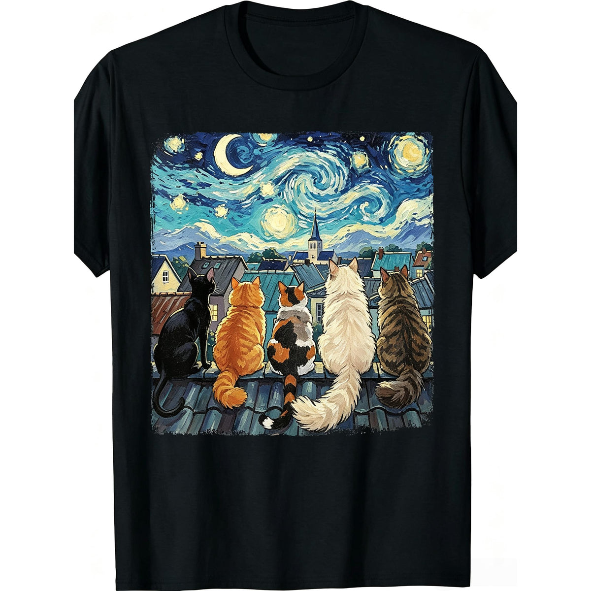 Funny Cat Starry Night Van Gogh Cats Rooftop Scene Feline Funny Crew Neck Tee with Stylish Print Casual Travel Clothing for Fashion Enthusiasts Ideal