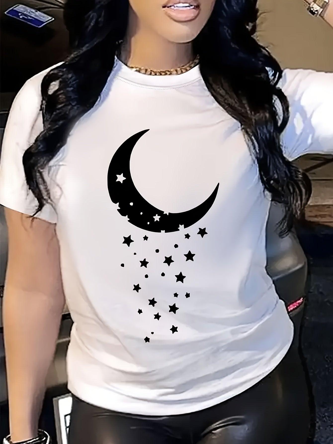 Women's Celestial Moon and Stars Graphic T-Shirt, Crescent Moon Print Casual Crew Neck Short Sleeve Tee, Boho Cosmic Graphic Shirt, Soft Breathable Everyday Top