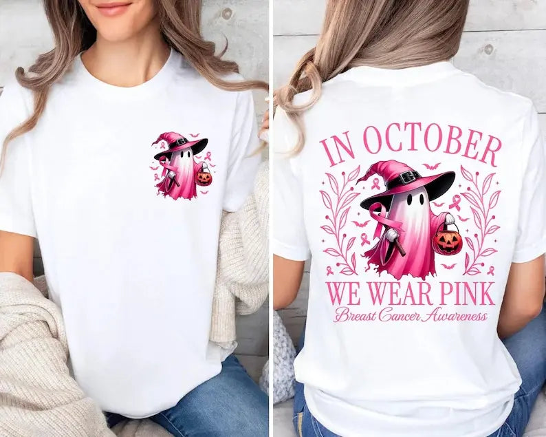 In October We Wear Pink Ghost Shirt, Halloween in October We Wear Pink, Breast Cancer Awareness Shirt,  Pink Ribbon Shirt, Wear Pink Pumpkin
