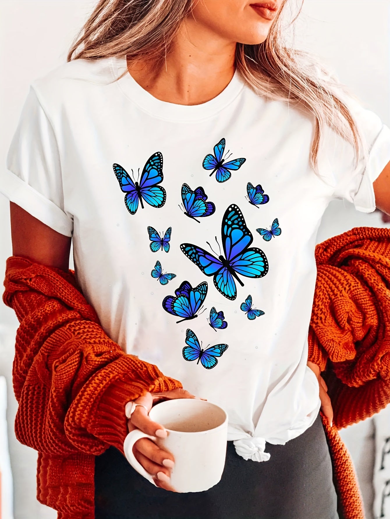Butterfly Fashion Letter Print T-Shirt, Short Sleeve Crew Neck Casual Top