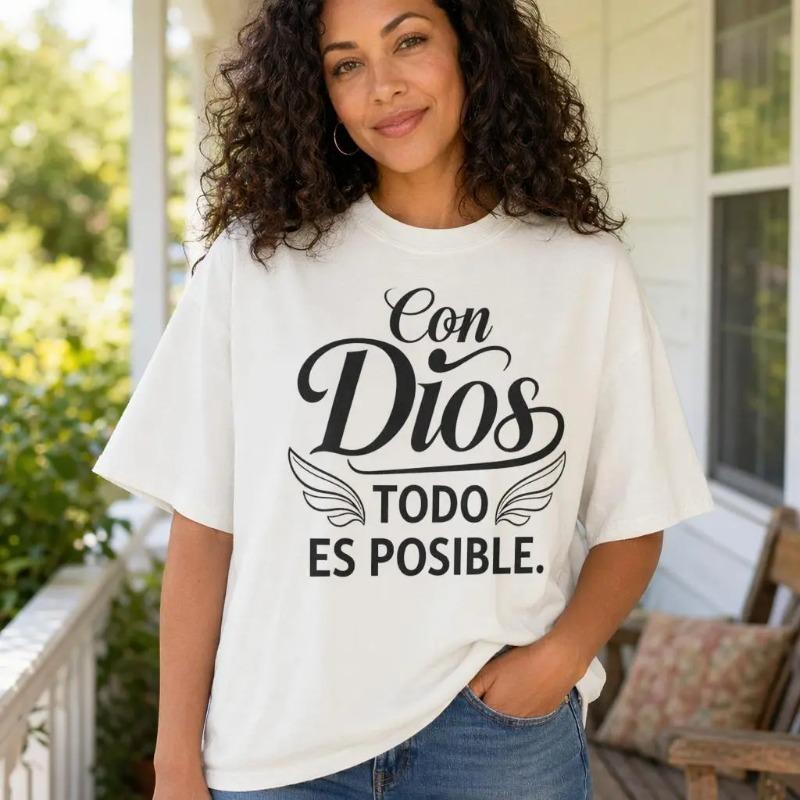 Spanish Christian Graphic Tee Women Plus Size Faith Shirt Con Dios Todo Es Posible