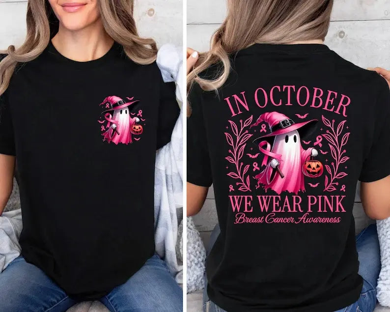 In October We Wear Pink Ghost Shirt, Halloween in October We Wear Pink, Breast Cancer Awareness Shirt,  Pink Ribbon Shirt, Wear Pink Pumpkin