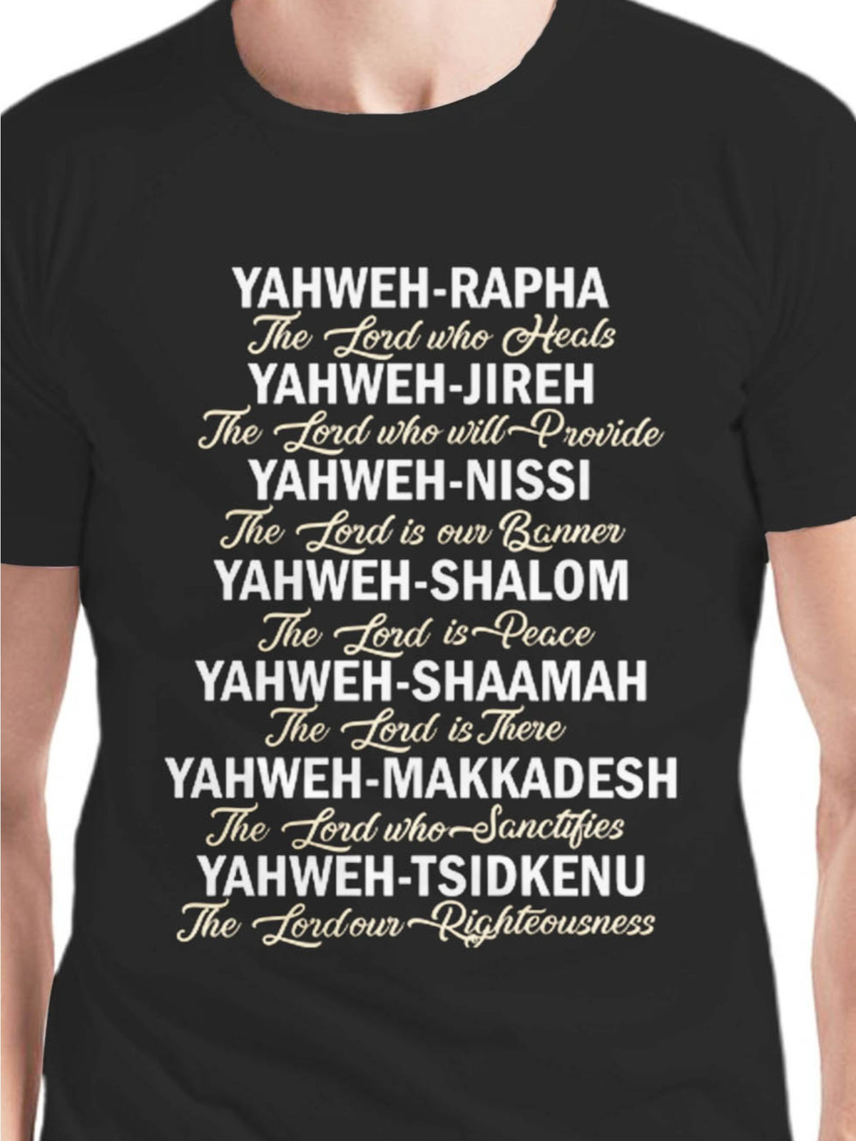 Yahweh Rapha Jehovah Jireh Nissi Shalom Hebrew Scripture Graphic Tee for Men Women, Christian Bible Verse Short Sleeve T-Shirt, Casual Crew Neck Top for Church Gift