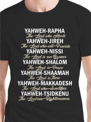 Yahweh Rapha Jehovah Jireh Nissi Shalom Hebrew Scripture Graphic Tee for Men Women, Christian Bible Verse Short Sleeve T-Shirt, Casual Crew Neck Top for Church Gift