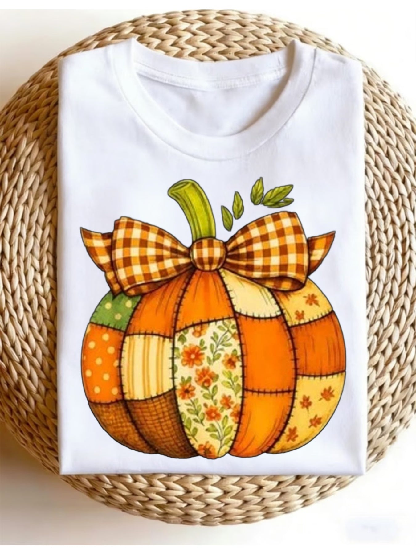 Fall Patchwork Pumpkin Autumn Halloween Thanksgiving Graphic Tee for Men Women, Cute Harvest Short Sleeve T-Shirt, Casual Crew Neck Top for Pumpkin Patch Gift