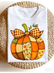Fall Patchwork Pumpkin Autumn Halloween Thanksgiving Graphic Tee for Men Women, Cute Harvest Short Sleeve T-Shirt, Casual Crew Neck Top for Pumpkin Patch Gift