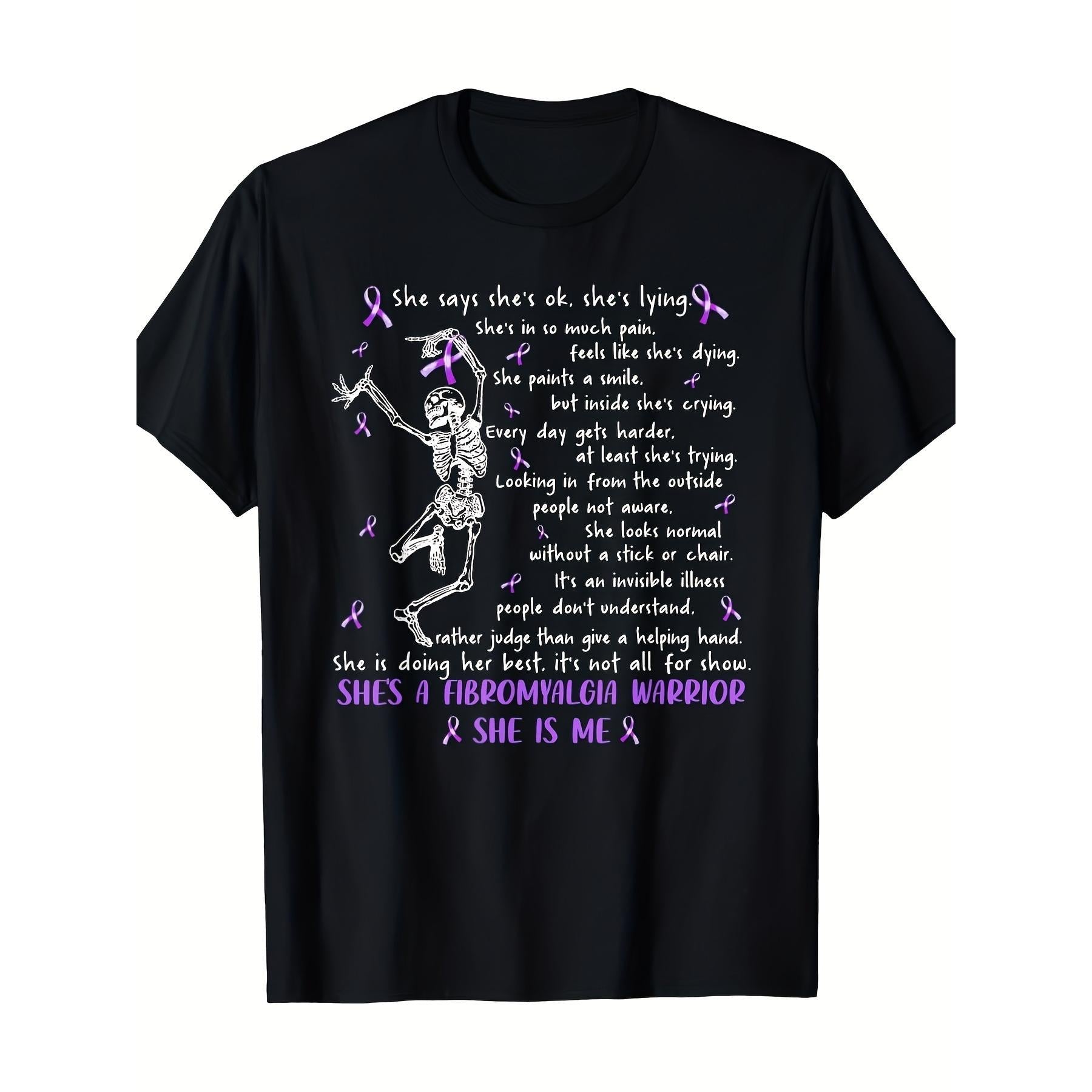 Myofibrositis Warrior Skull Pattern T-Shirt, Purple Ribbon Detail, Crew Neck, Short Sleeve, Black Casual Shirt, Unisex, Holiday Gift, Casual Outing