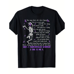 Myofibrositis Warrior Skull Pattern T-Shirt, Purple Ribbon Detail, Crew Neck, Short Sleeve, Black Casual Shirt, Unisex, Holiday Gift, Casual Outing