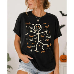 Humorous Halloween Ouch Stick Figure Cotton T-shirt Spooky Skeleton Graphic Tee