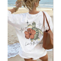 Women's Summer Turtle, Floral & Letter Print Casual Loose Round Neck Beach Vacation T-Shirt White