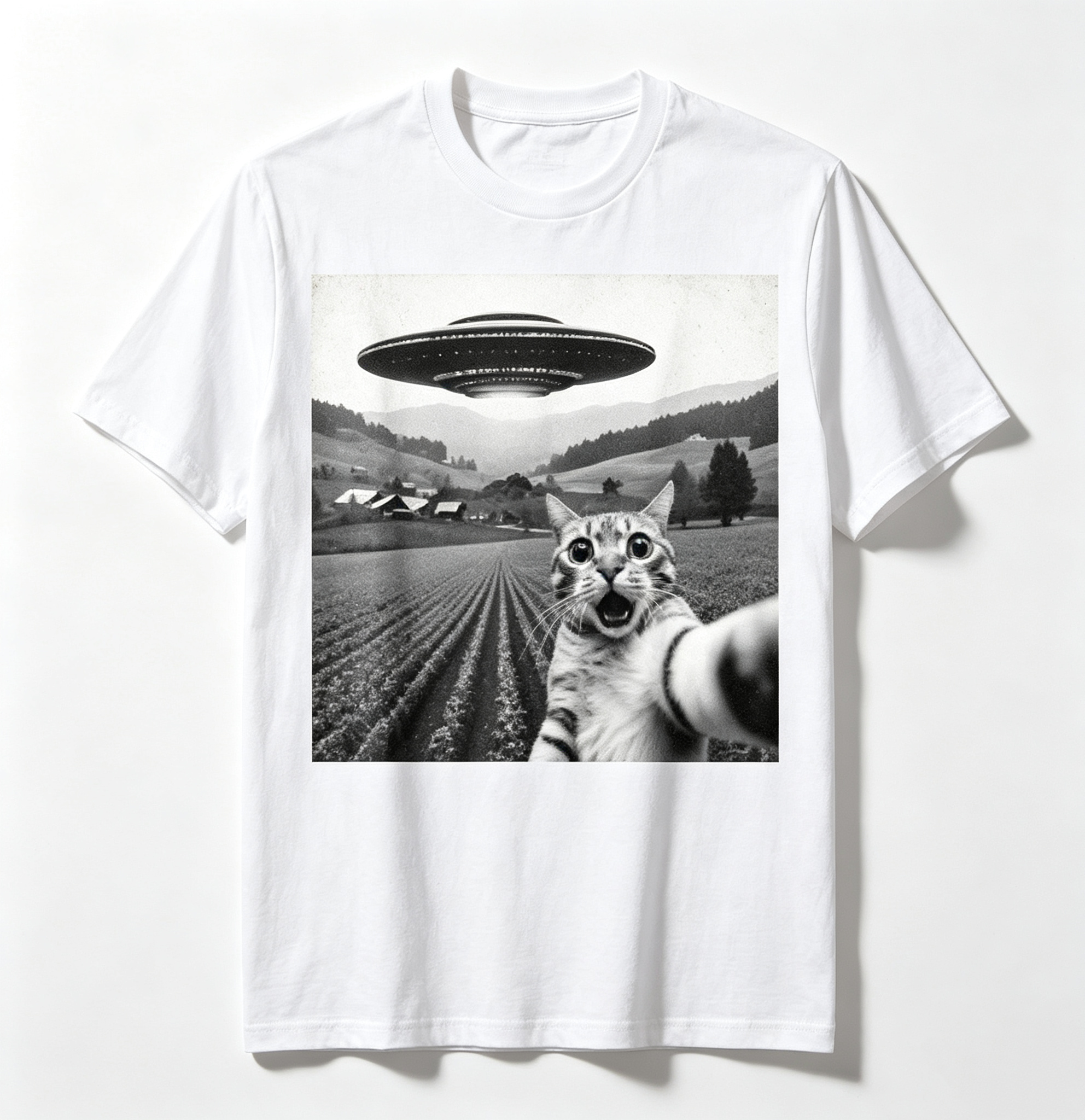 Funny Cat Graphic T-Shirt, Retro UFO Selfie Print Short Sleeve Tee for Men Women, Casual Alien Theme Shirt