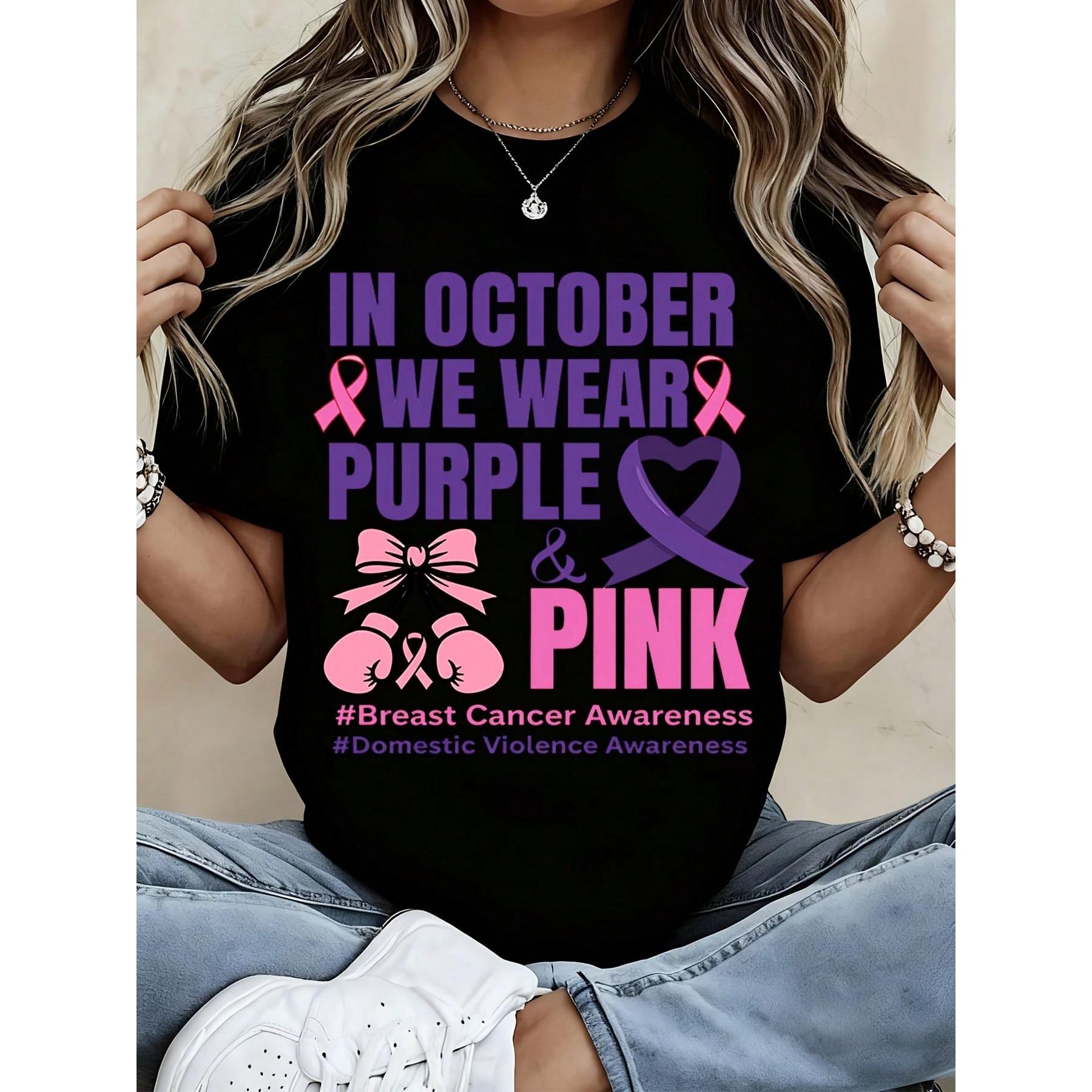 Women's Shirt October We Wear Purple And Pink Breast Cancer Domestic Violence Awareness Graphic Tee Casual Gift