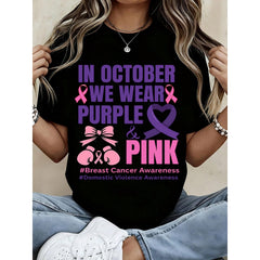 Women's Shirt October We Wear Purple And Pink Breast Cancer Domestic Violence Awareness Graphic Tee Casual Gift