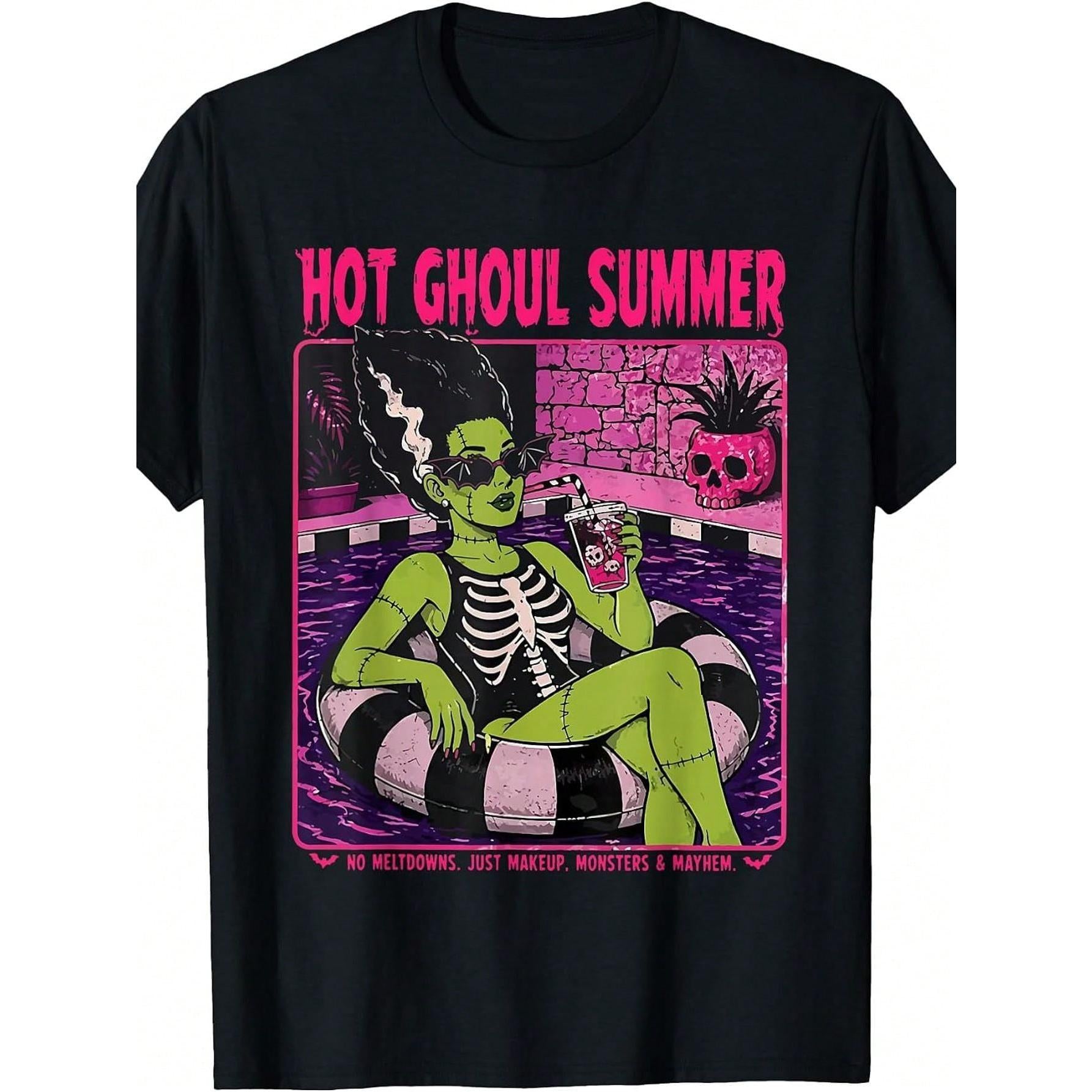 Retro Ghost T-Shirt, Suitable For Summer And Halloween--Funny Heat-Transfer Round-Neck T-Shirt, Printed With Ghost And Cocktail Patterns, Casual Shirt