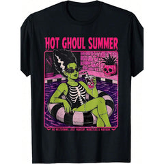 Retro Ghost T-Shirt, Suitable For Summer And Halloween--Funny Heat-Transfer Round-Neck T-Shirt, Printed With Ghost And Cocktail Patterns, Casual Shirt