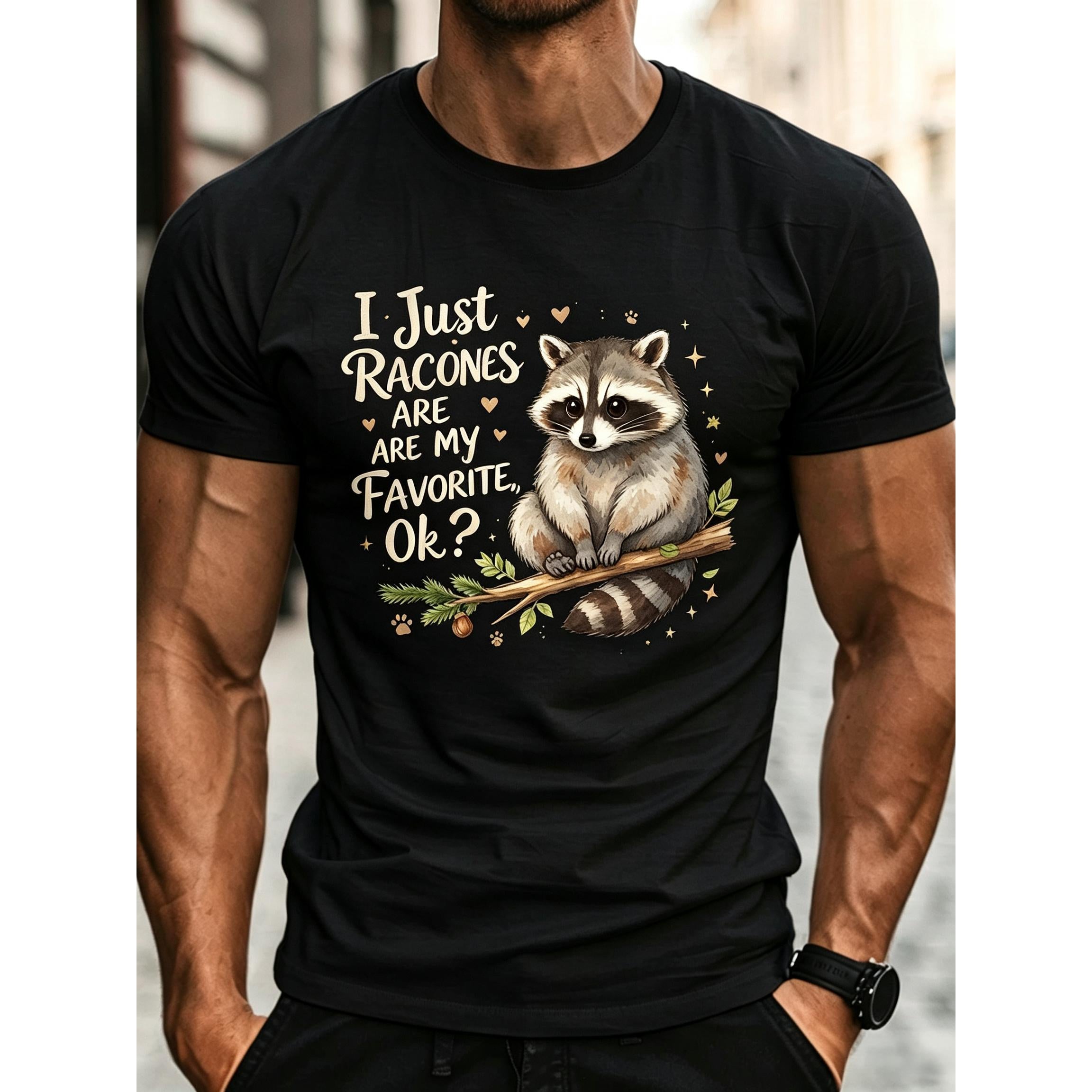 Men'S Casual Round Neck T-Shirt, Tee with Raccoon Pinecone Print, Geometric Pattern, for Daily Wear