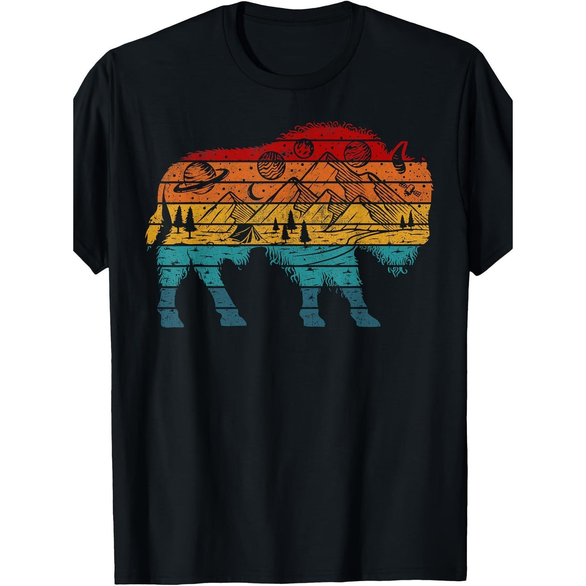 Vintage Striped Bison Mountain Camping Graphic T-Shirt, Unisex Cotton Crew Neck Top, All Season Wildlife Tee, Casual Outdoor Hiking, Camping & Wilderness Adventure Wear for Men Women