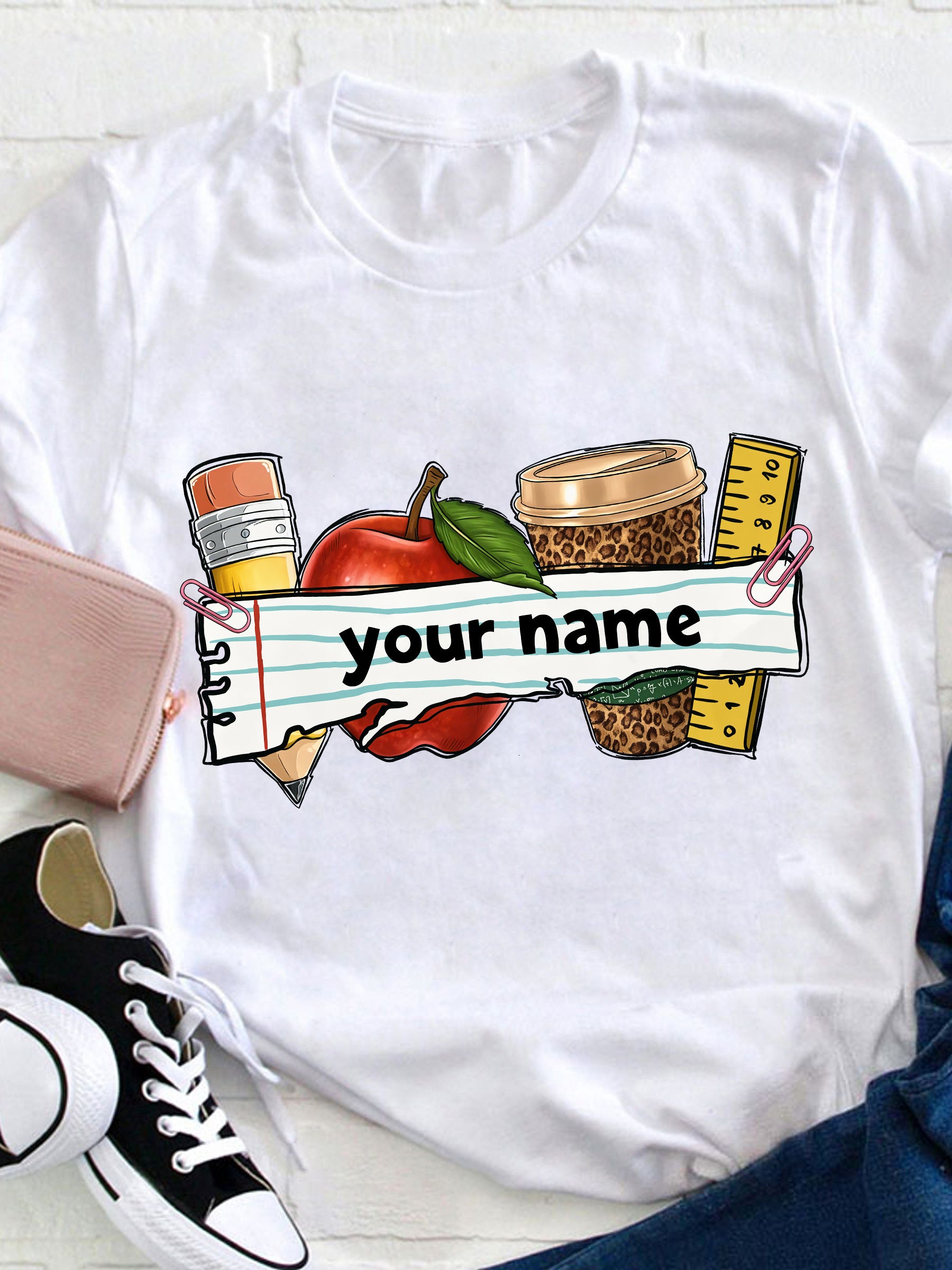 Personalized Teacher Graphic T‑Shirt for Women, Pencil Apple Coffee Print Custom Name Casual Short Sleeve Tee