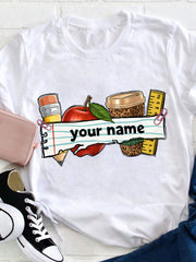 Personalized Teacher Graphic T‑Shirt for Women, Pencil Apple Coffee Print Custom Name Casual Short Sleeve Tee