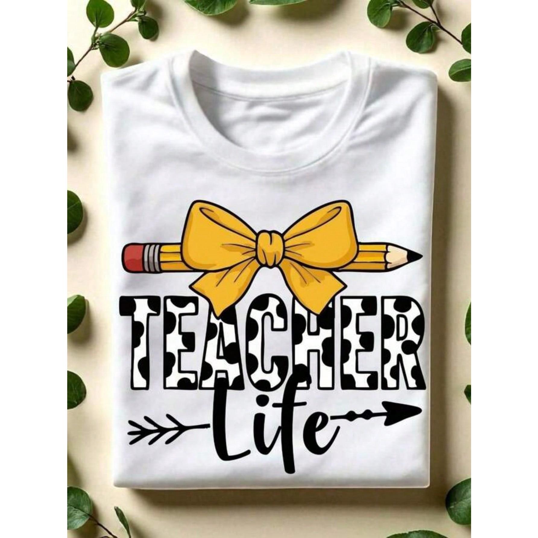 Teacher Life Shirt, Teacher Pencil Coquette Bow T-Shirt, Kindergarten Teacher Tee, Teacher School Crew Short Sleeve Shirts, Back To School Gift