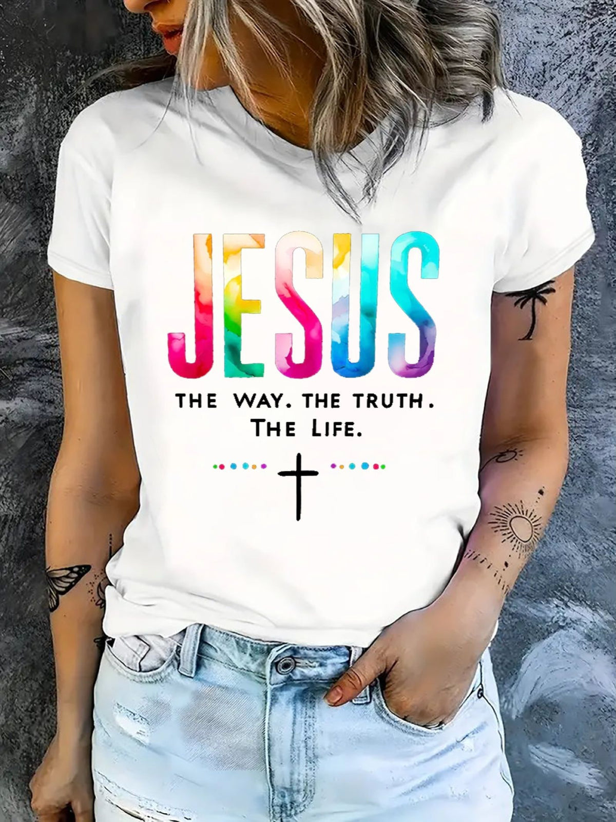 Women Religious Belief Printed T‑Shirt, Vibrant Jesus Quote Cross Graphic Crew Neck Short Sleeve Everyday Top