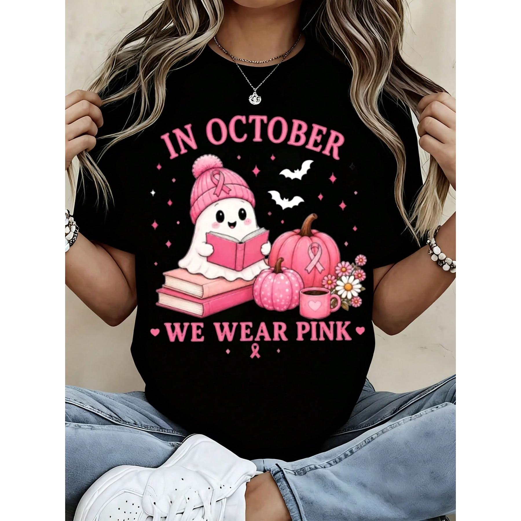 Cute Halloween Breast Cancer Awareness Women T Shirt October We Wear Pink Ghost Pumpkin Reading Book Graphic T-Shirt Autumn Comfortable Top